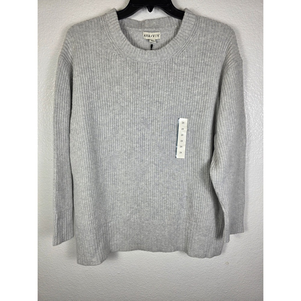 Ava & Viv‎ Womens 2X Light Gray Ribbed Crew Neck Sweater Long Sleeve